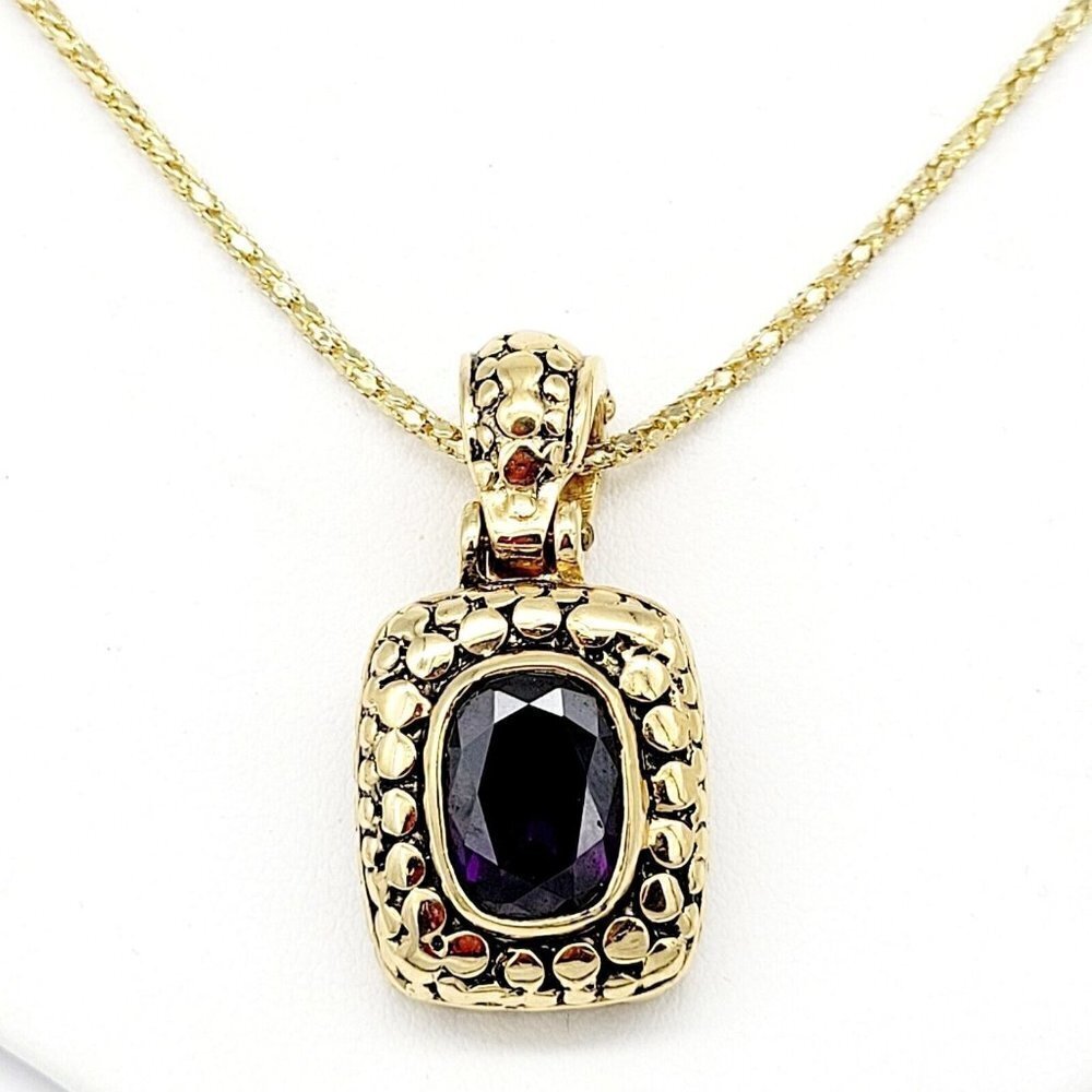 Large Purple Cubic Zirconia Crystal Pendant Neckalce Gold Tone Mesh Chain